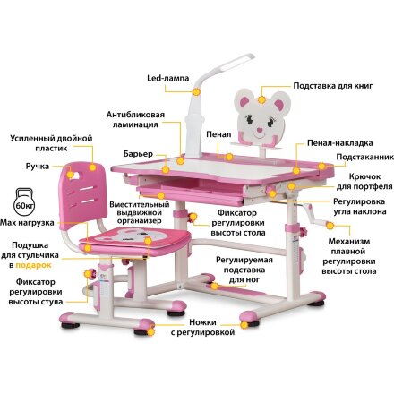 Комплект мебели  столик   стульчик   ЛЭД лампа  Mealux EVO BD-04 New XL Teddy WP Led - столешница белая / пластик розовый  одна коробка 