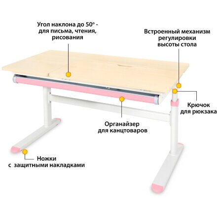 Детский стол Ergokids Bravo Maple/Pink  арт. TH-360 Lite MG/PN  - столешница клён / накладки на ножках розовые  коробок-1 шт. 