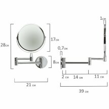 Зеркало настенное BRABIX, диаметр 17 см, двухстороннее, с увеличением, нержавеющая сталь, выдвижное (петли), 604952